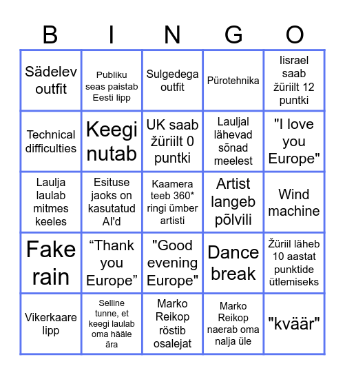 Eurovision Bingo Card