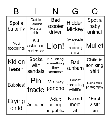 Animal Kingdom Bingo Card