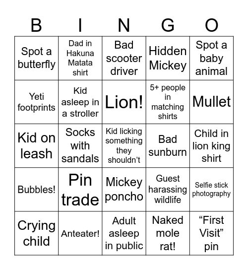 Animal Kingdom Bingo Card