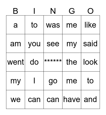 Sight Words Bingo Card