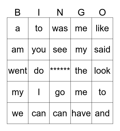 Sight Words Bingo Card