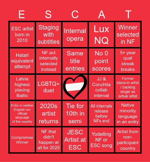 Eurovision 2026 Bingo Card