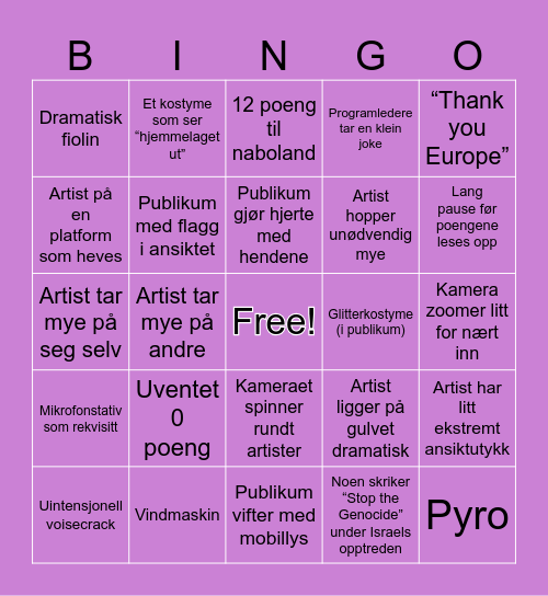 Eurovision Bingo 2026 Bingo Card