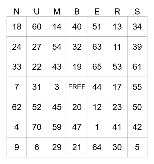 BINGO 1-70 Bingo Card