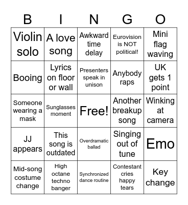 Eurovision 2026 Bingo Card