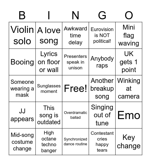 Eurovision 2026 Bingo Card