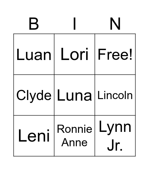 The Loud House Bingo Card
