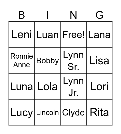 The Loud House Bingo Card