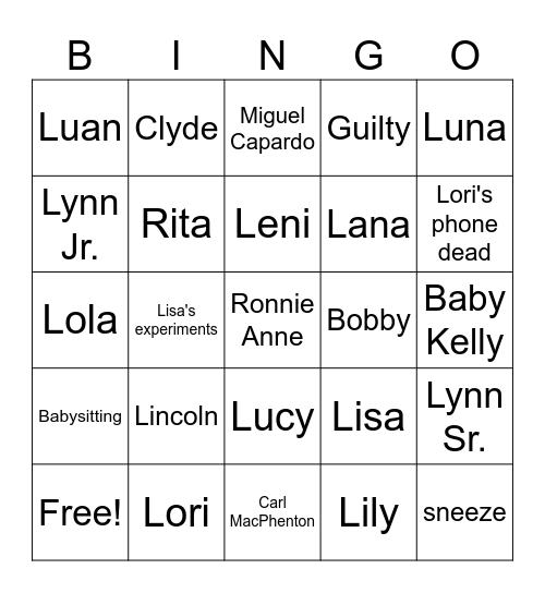 The Loud House Bingo Card