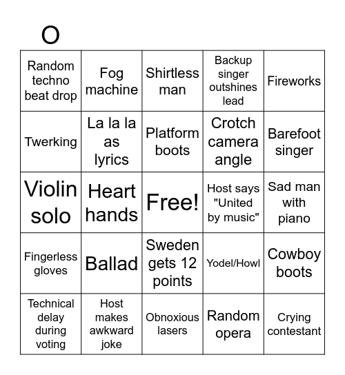 Eurovision Bingo Card