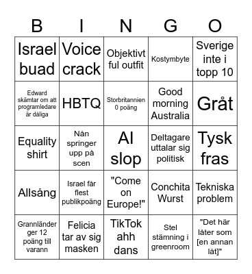 Eurovision 2026 Bingo Card