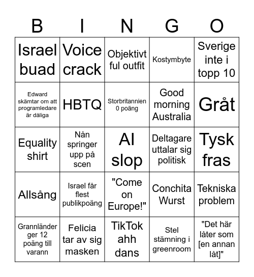 Eurovision 2026 Bingo Card