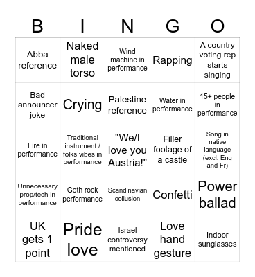 2026 Eurovision Party Bingo Card