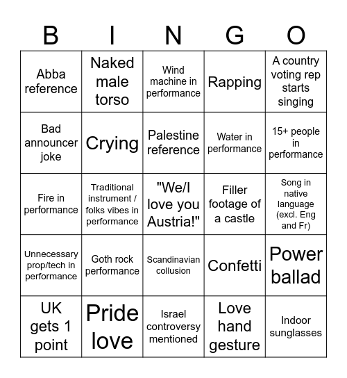 2026 Eurovision Party Bingo Card