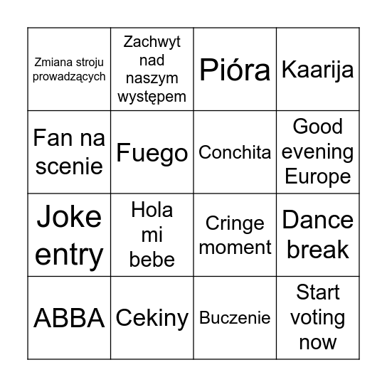 Eurowizja 2026 Bingo Card