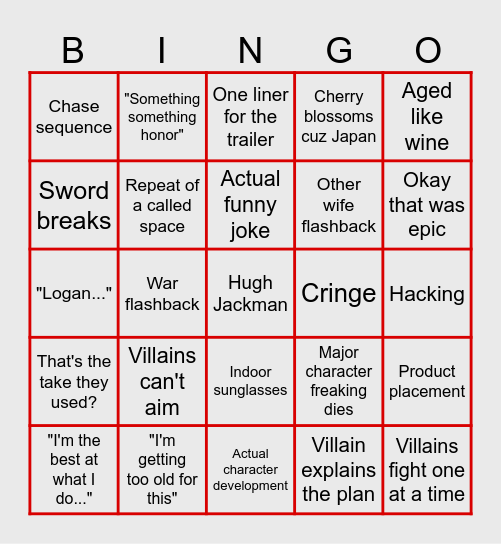 The Wolverine Bingo Card