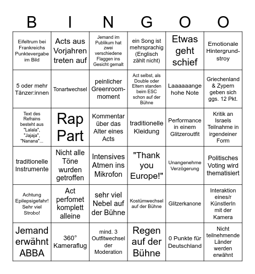 ESC 2026 Bingo Card