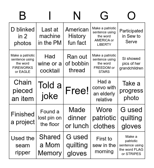 America 250 Sewing Retreat Bingo Card