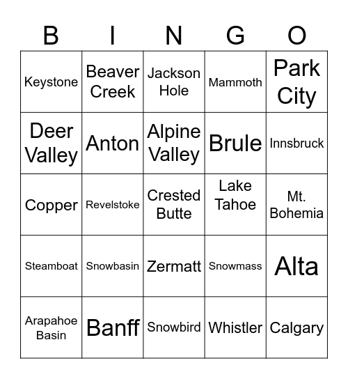 Ski Trivia Bingo Card
