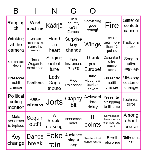 Eurovision Bingo Card