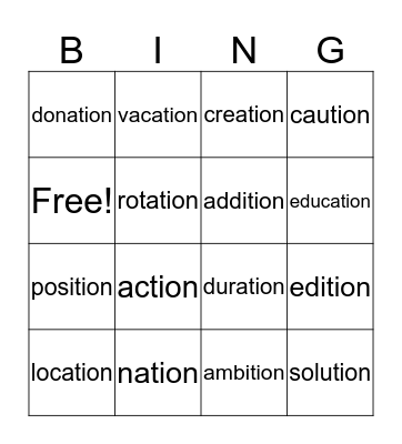 -tion word endings/suffix Bingo Card