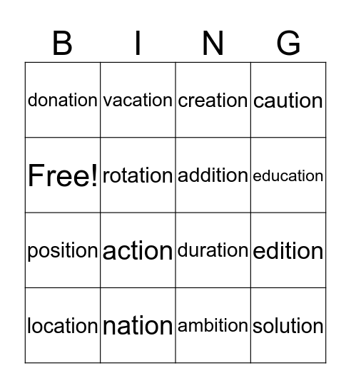 -tion word endings/suffix Bingo Card