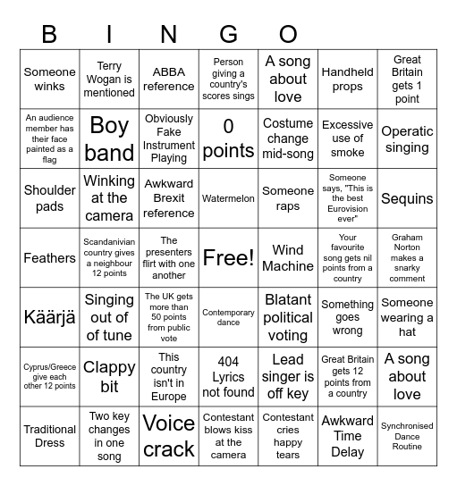 Eurovision Bingo Card