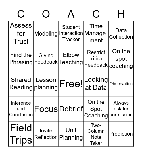 Directive Coaching Activities Bingo Card