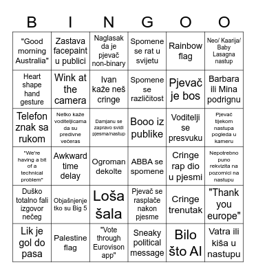 Eurovision 2026 Bingo Card