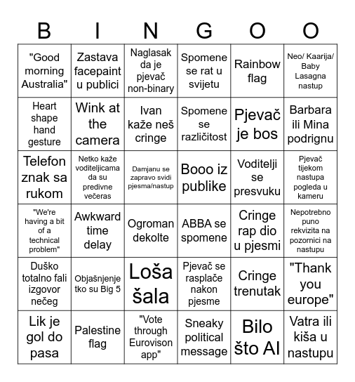 Eurovision 2026 Bingo Card