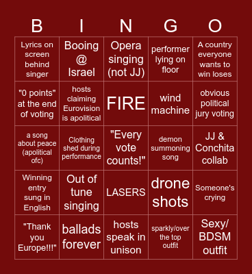 Eurovision 2026 Bingo Card