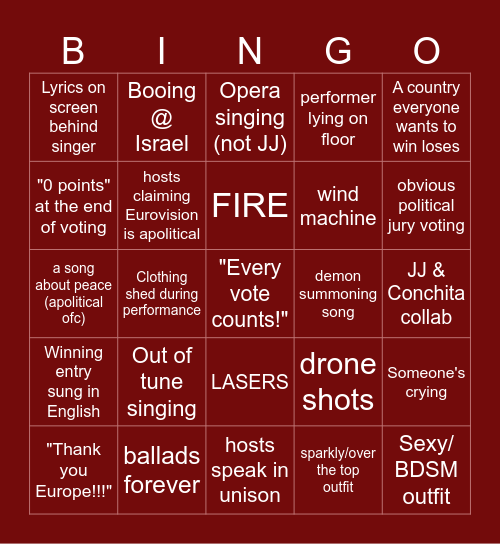 Eurovision 2026 Bingo Card