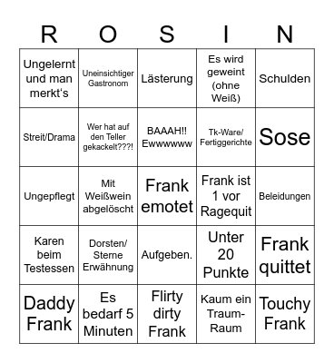 Rosins Restaurants Bingo Card