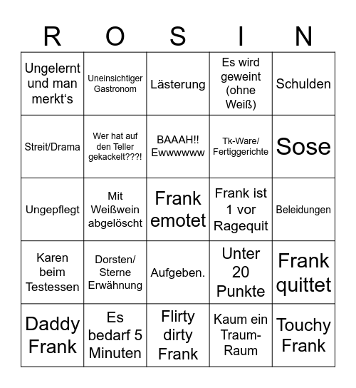 Rosins Restaurants Bingo Card