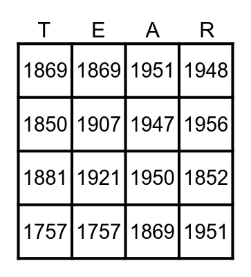 Tears For Fears Bingo Card