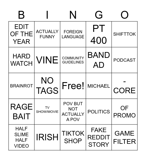TIKTOK Bingo Card