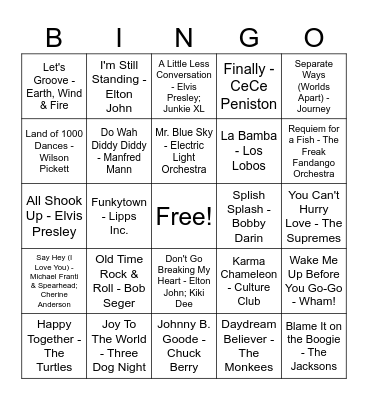 Oldies Family Mix Bingo Card