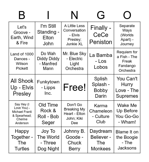 Oldies Family Mix Bingo Card