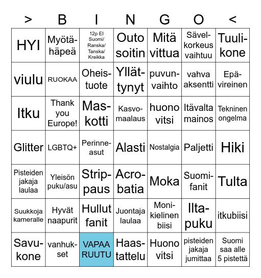 Korvfisk ESC FINALS bingo (suomeksi) Bingo Card