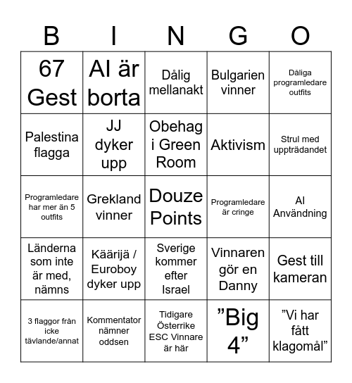 Eurovision 2026 Bingo (Sverige) Bingo Card