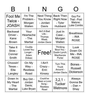 Country Family Mix Bingo Card
