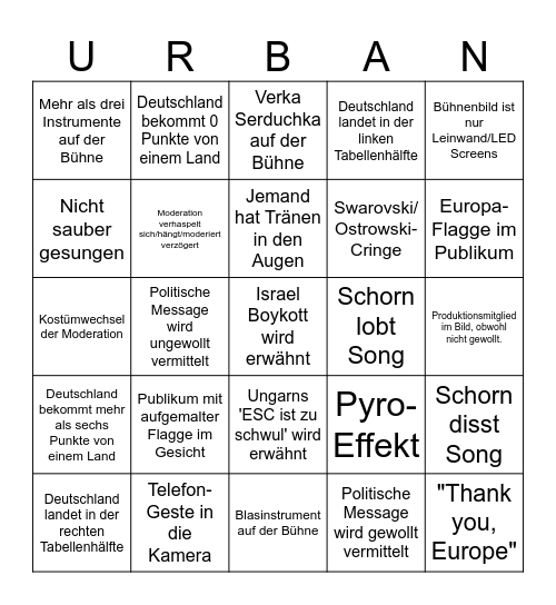 ESC Bingo 2026 Bingo Card