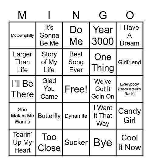 The Boy Band Experience Bingo Card