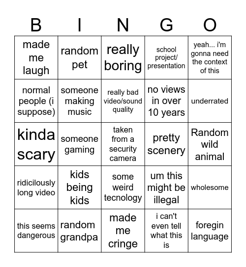 Youtube vids with little/no views Bingo Card