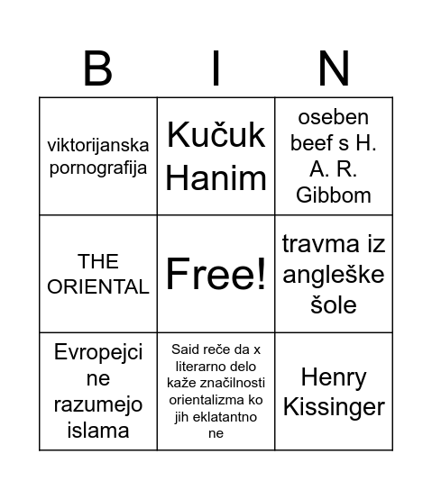 Orientalizem Bingo Card