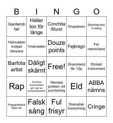 Eurovision Bingo Card