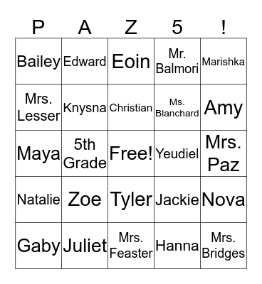 Mrs. Paz 2016-2017 Bingo Card