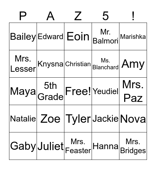 Mrs. Paz 2016-2017 Bingo Card