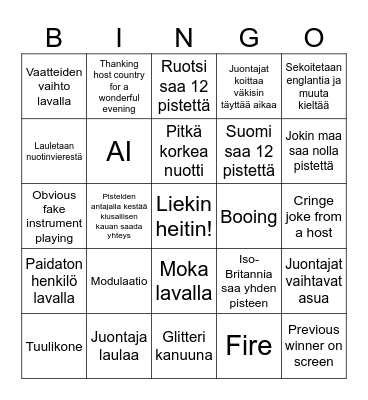 Eurovisio Bingo Card