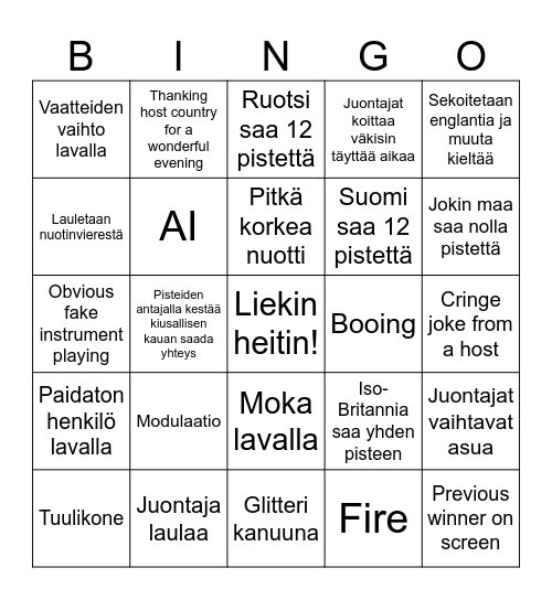 Eurovisio Bingo Card